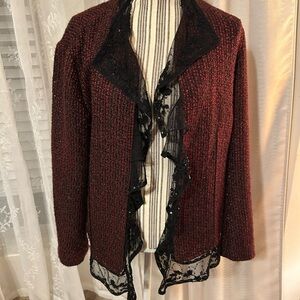 Chico Elegant Red and Black Tweed Jacket with Lace Trim